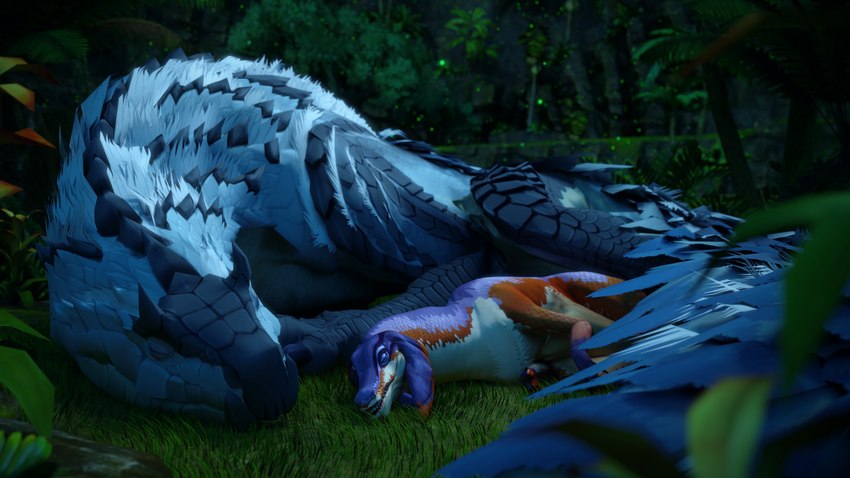 ambiguous_gender blue_body blue_scales chest_tuft claws detailed_background duo eyes_closed female feral floppy_ears frill_(anatomy) fur grass grey_body grey_scales head_crest head_frill horn larger_ambiguous lying membrane_(anatomy) membranous_frill multicolored_body multicolored_scales night on_ground on_side open_mouth orange_body orange_scales outside plant purple_body scales sharp_teeth size_difference sleeping sleeping_together smaller_female tail teeth tree tuft white_body white_fur white_scales ivorylagiacrus capcom monster_hunter monster_hunter_stories_2:_wings_of_ruin bird_wyvern fanged_wyvern jaggia scalie tobi-kadachi 16:9 2024 3d_(artwork) 4k absurd_res blender_(artwork) digital_media_(artwork) hi_res widescreen