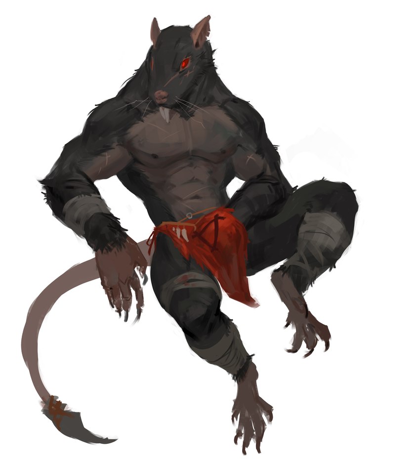 abs anthro areola arm_wraps bandage bare_chest biceps bottomwear claws clothed clothing fur hand_in_underwear leg_wraps loincloth looking_aside male multicolored_body multicolored_fur muscular muscular_anthro muscular_male nipples pecs pink_nose red_eyes red_sclera scar simple_background solo tail teeth topless two_tone_body two_tone_fur underwear whiskers white_background wraps neungsonie warhammer_(franchise) ska_bloodtail mammal rodent skaven absurd_res hi_res