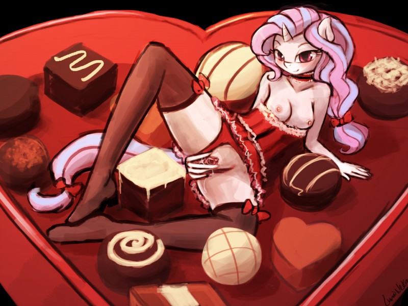 5_fingers anthro anthrofied areola bedroom_eyes black_background bodily_fluids box_of_chocolates breasts candy chocolate clitoris clothing clothing_aside dessert female fingers food genital_fluids genitals hair half-closed_eyes horn legwear looking_at_viewer masturbation micro narrowed_eyes nipples panties panties_aside pink_hair pussy seductive simple_background solo spread_legs spread_pussy spreading stockings underwear underwear_aside vaginal vaginal_fluids vaginal_masturbation lumineko hasbro my_little_pony mythology fan_character hearts_desire equid equine mammal mythological_creature mythological_equine unicorn 4:3 digital_media_(artwork) hi_res