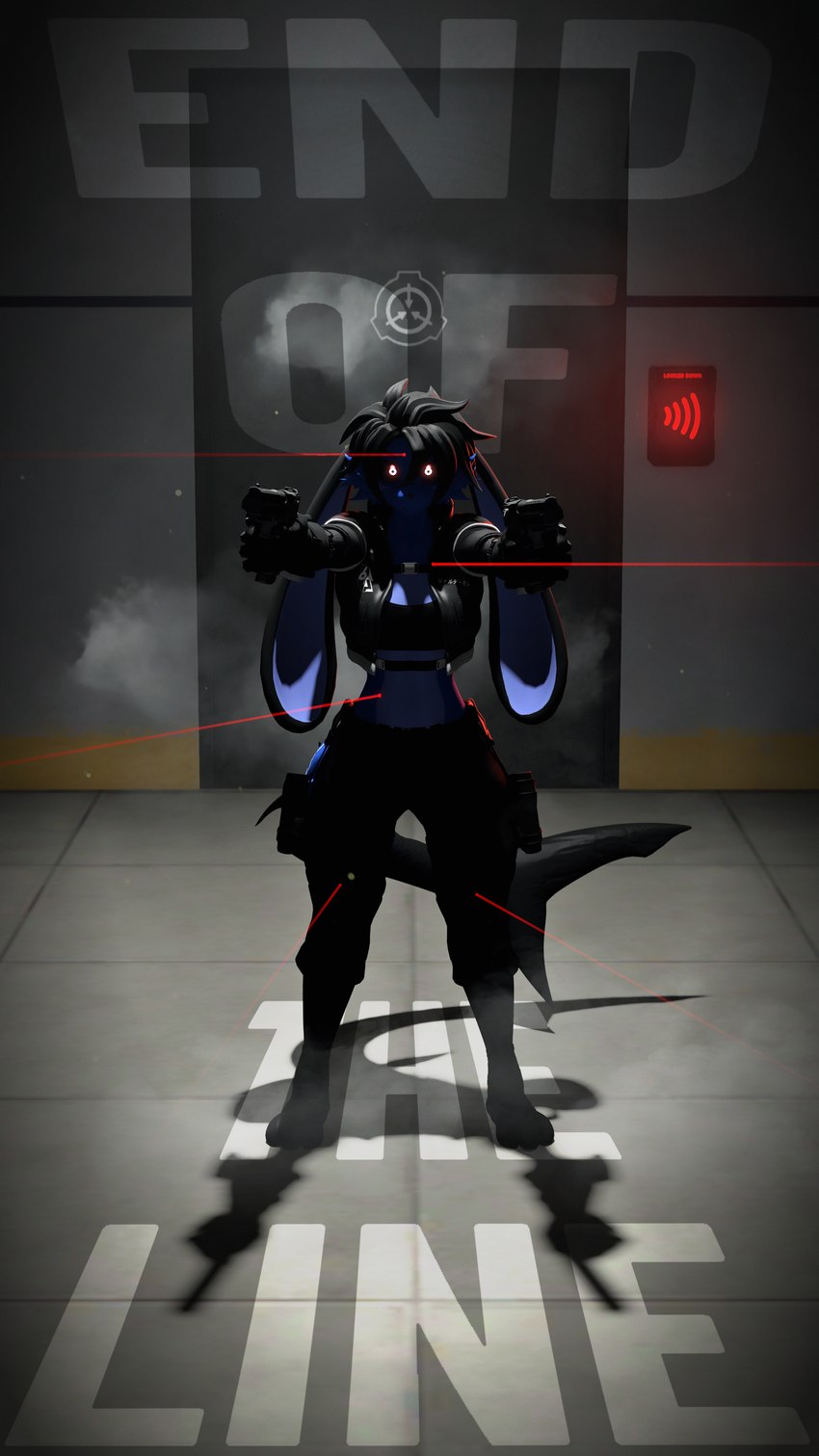 anthro black_body black_bottomwear black_clothing black_hair black_pants black_sclera black_topwear blue_body bottomwear breasts clothed clothed_anthro clothed_female clothing dual_wielding female fin glowing glowing_eyes gun hair handgun holding_gun holding_handgun holding_object holding_pistol holding_ranged_weapon holding_weapon laser laser_pointer locked locked_out long_ears midriff multicolored_body pants pistol ranged_weapon small_breasts solo tail tail_fin topwear two_tone_body weapon conditional_dnp domibun scp_foundation domi_(domibun) fish hybrid lagomorph leporid mammal marine rabbit shark 2024 3d_(artwork) 4k 9:16 absurd_res digital_media_(artwork) hi_res source_filmmaker_(artwork)