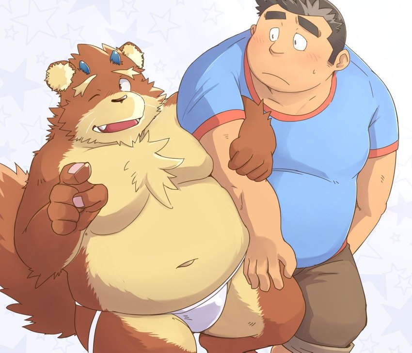 anthro belly blush bottomwear brown_body brown_fur bulge clothing duo fur hug human_on_anthro humanoid_hands interspecies jockstrap kemono male male/male moobs navel one_eye_closed overweight overweight_male shirt shorts simple_background topwear underwear wink unknown_artist incubus! ink_incuberia canid canine human mammal