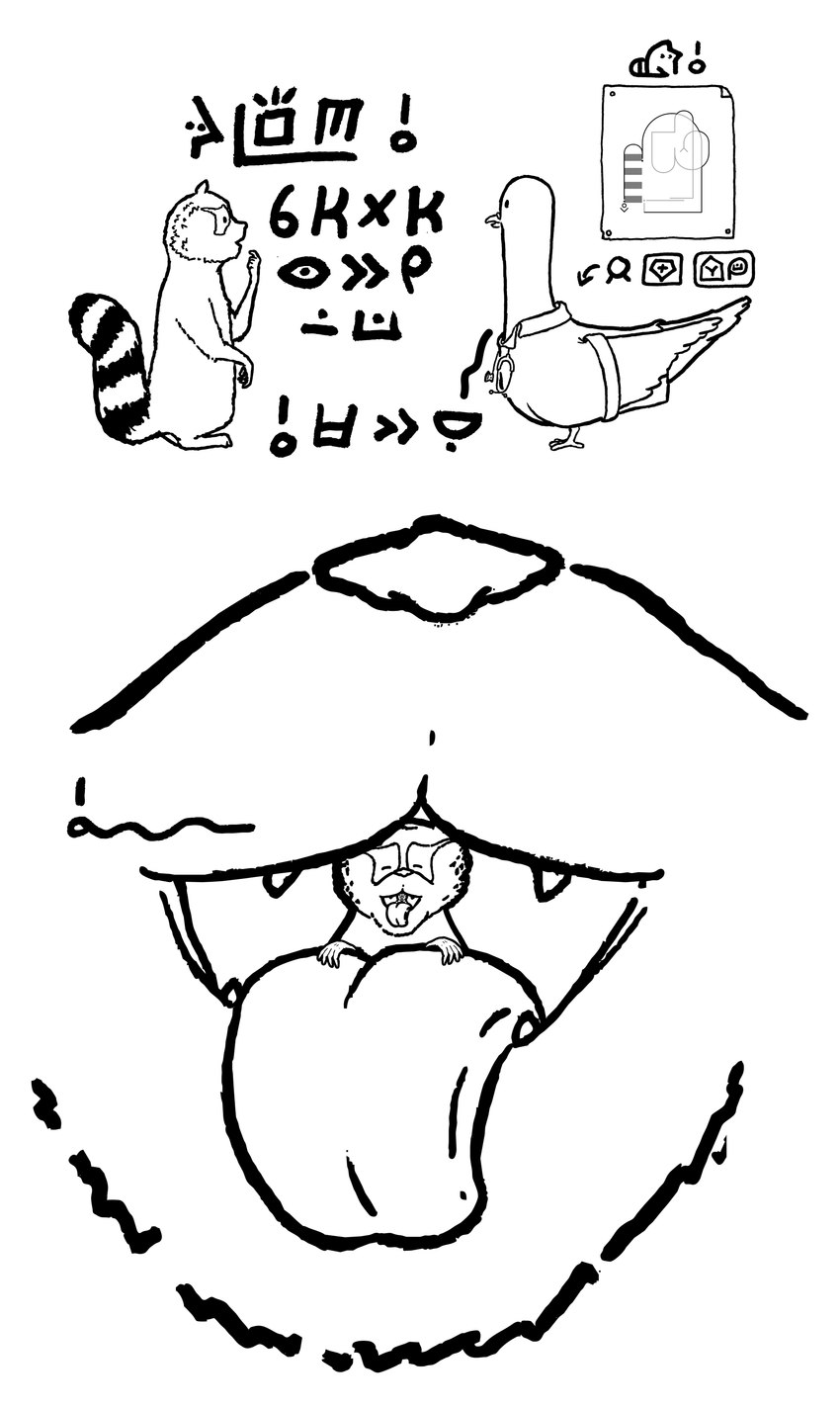 2_panel_comic ambiguous_gender anatomy_chart anthro canine_teeth chart clothing dialogue doctor's_coat doctor's_office duo extreme_close-up extreme_size_difference fangs humor inside_mouth markings medical_instrument raccoon_tail scientific_instrument semi-anthro simple_background size_difference snout teeth text tongue tongue_out vore jan_ke_tami cc-by creative_commons kijetesantakalu_o kijetesantakalu_(kijetesantakalu_o) waso_(kijetesantakalu_o) avian bird columbid mammal pigeon procyonid raccoon absurd_res artist_name comic constructed_language hi_res monochrome sitelen_pona toki_pona_text translated