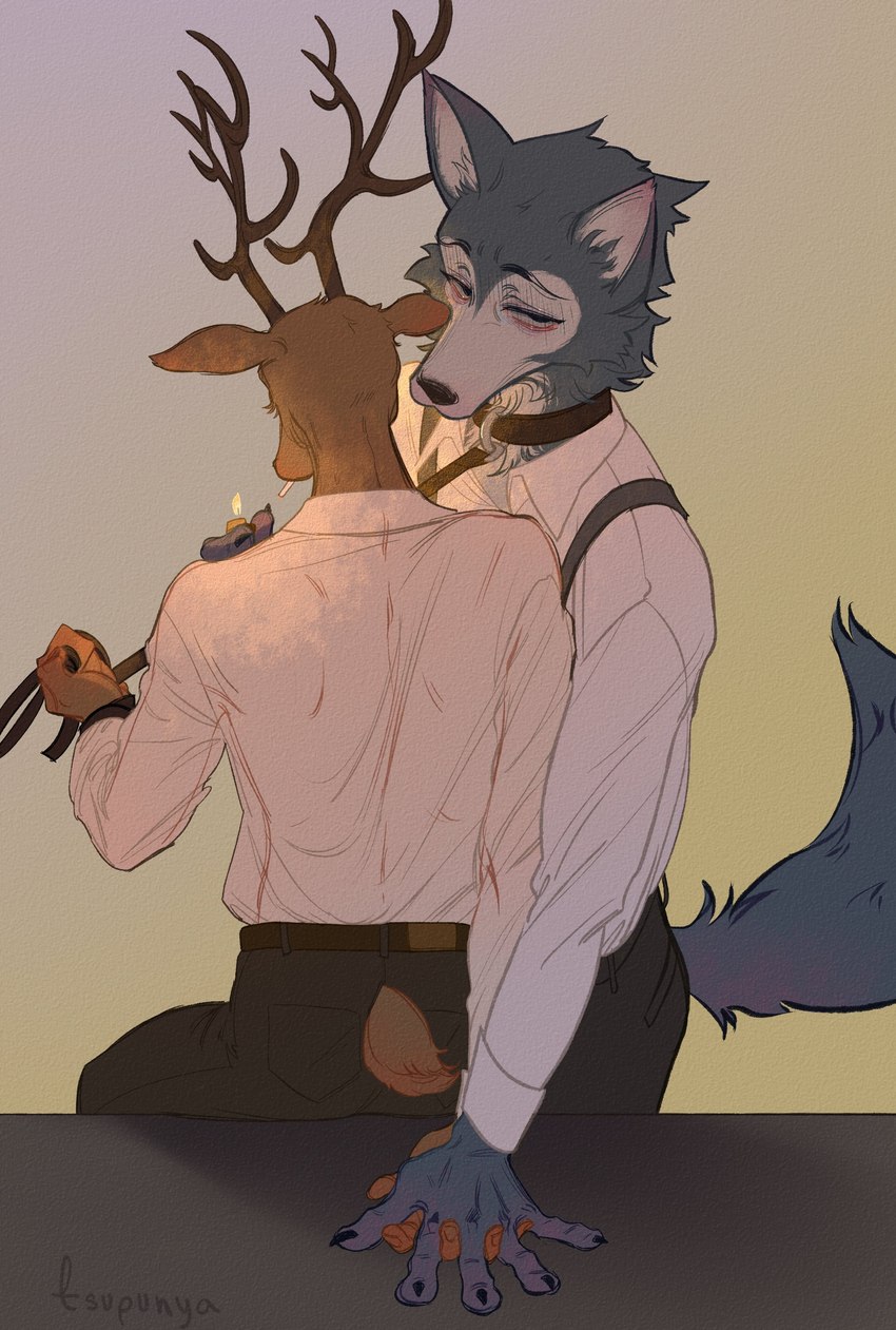 anthro cigarette duo hand_holding leash leash_pull lighter male male/male tsupunya beastars legoshi_(beastars) louis_(beastars) canid canine canis cervine deer mammal red_deer wolf absurd_res hi_res