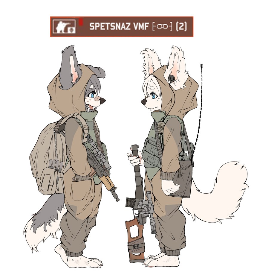 4_toes anthro barefoot blue_eyes clothed clothing duo feet floppy_ears fur grey_body grey_fur grey_hair gun hair male male/male military paws pockets ranged_weapon smile toes tongue tongue_out weapon white_body white_fur white_hair young young_anthro makioraku misha_makioraku sasha_yuki canid canine canis mammal wolf absurd_res hi_res