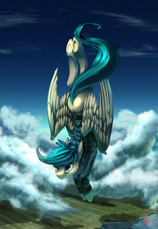 ambiguous_gender blue_eyes blue_hair blue_sky blue_tail clothing cloud day detailed_background falling feathered_wings feathers feral flying fur glistening glistening_clothing glistening_eyes hair hooves outside sky smile solo tail white_body white_feathers white_fur wings alumx hasbro my_little_pony mythology fan_character equid equine mammal mythological_creature mythological_equine pegasus absurd_res digital_media_(artwork) digital_painting_(artwork) hi_res shaded signature