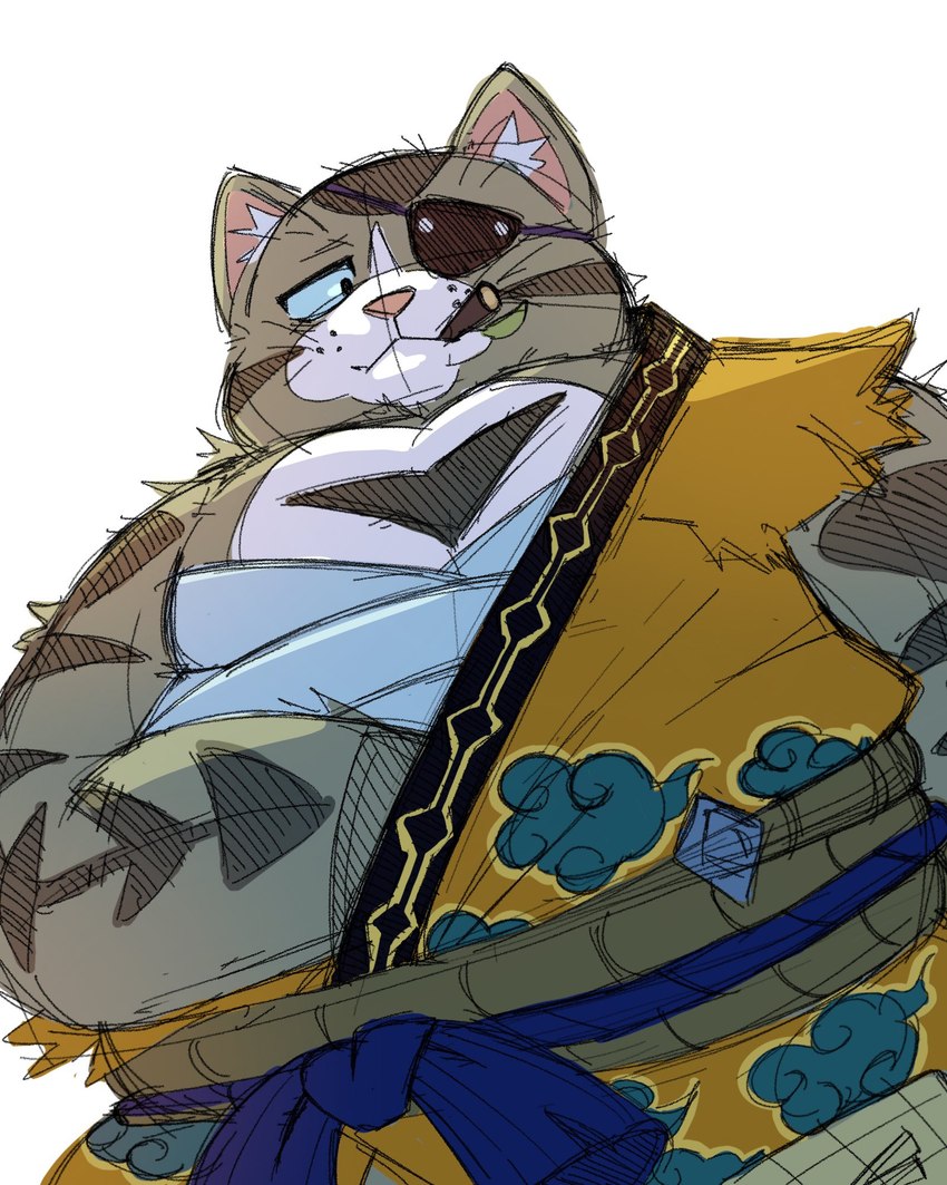 anthro clothed clothing eye_patch eyewear kemono male overweight overweight_male simple_background solo my_wet_muffin capcom monster_hunter monster_hunter_stories monster_hunter_stories_2:_wings_of_ruin orgo_(monster_hunter) felid felyne lynian mammal 2023 4:5 hi_res