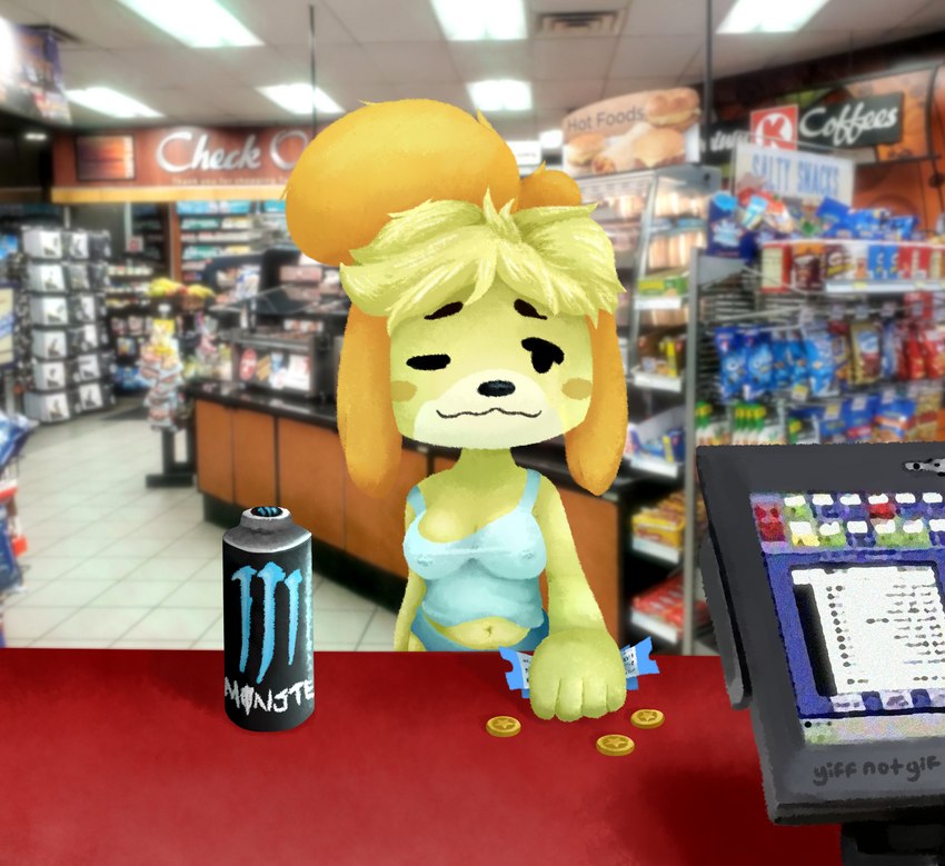 anthro belly breasts buying cleavage clothed clothing convenience_store female fur hair messy_hair midriff money navel nipple_outline nipple_piercing nipples panties photo_background piercing piercing_outline shirt solo tank_top tired tired_eyes topwear underwear yiffnotgif animal_crossing circle_k monster_energy nintendo isabelle_(animal_crossing) canid canine canis domestic_dog mammal shih_tzu toy_dog hi_res photography_(artwork)