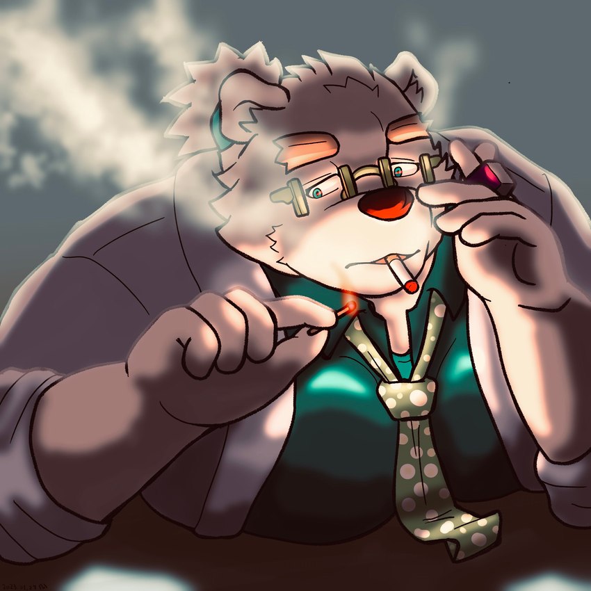 anthro cigarette cigarette_in_mouth eyebrows eyewear fur glasses lighter male necktie object_in_mouth smoking solo thick_eyebrows white_body white_fur nigauritaruto lifewonders tokyo_afterschool_summoners leib_(tas) bear mammal polar_bear ursine 1:1 hi_res