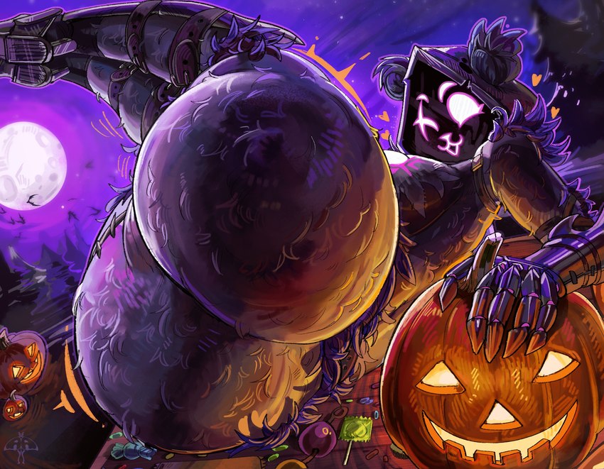 anthro armor big_breasts big_butt breasts bulge butt candy clothed clothing dessert eye_scar facial_scar female food full_moon gauntlets gloves handwear holidays hood huge_butt jack-o'-lantern legs_up light looking_at_viewer lying moon moonlight night on_back partially_clothed purple_eyes scar skimpy solo tight_clothing alamander epic_games fortnite halloween raven_team_leader bear mammal hi_res