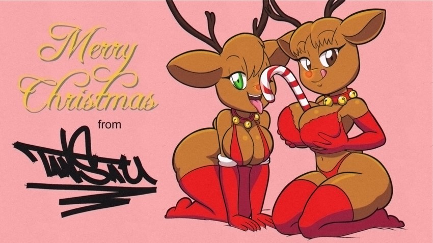 anthro big_breasts breasts brown_body brown_fur cleavage clothed clothing duo female fur legwear licking licking_lips licking_own_lips self_lick text thick_thighs thigh_highs tongue tongue_out tansau deer mammal new_world_deer reindeer 2022 english_text hi_res