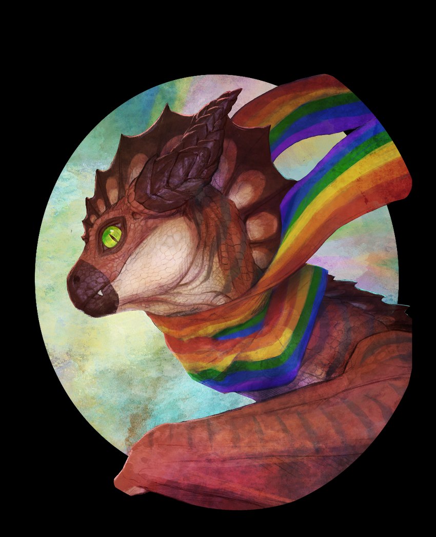 ambiguous_gender brown_body brown_horn brown_scales fangs feral glistening glistening_eyes green_eyes horn looking_at_viewer membrane_(anatomy) membranous_wings mouth_closed multicolored_scarf pupils rainbow_scarf ridged_horn scales scarf side_view simple_background six-stripe_rainbow_pride_colors slit_pupils solo striped_wings stripes tan_body tan_scales teeth unsigned wings khyaber mythology dragon mythological_creature mythological_scalie scalie alpha_channel hi_res