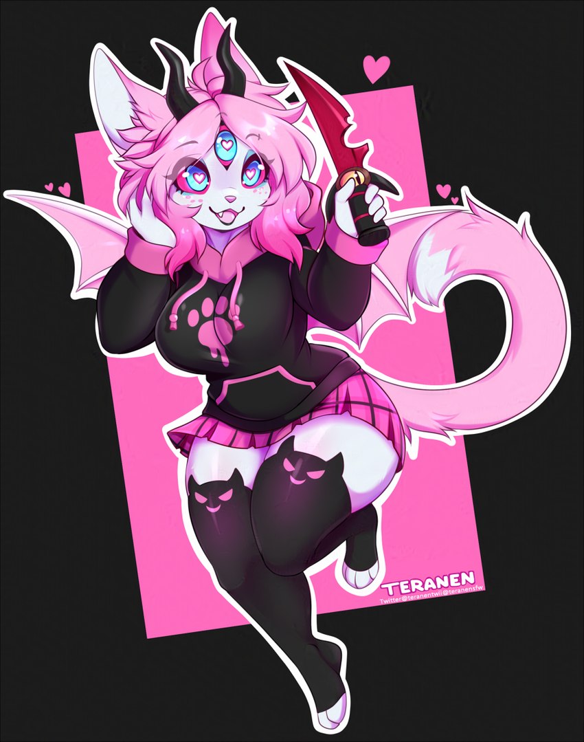 anthro bottomwear clothing female heart_eyes heart_symbol hoodie legwear miniskirt pink_nose simple_background skirt solo stockings topwear conditional_dnp teranen helluva_boss emberlynn_pinkle bat demon felid mammal 2024