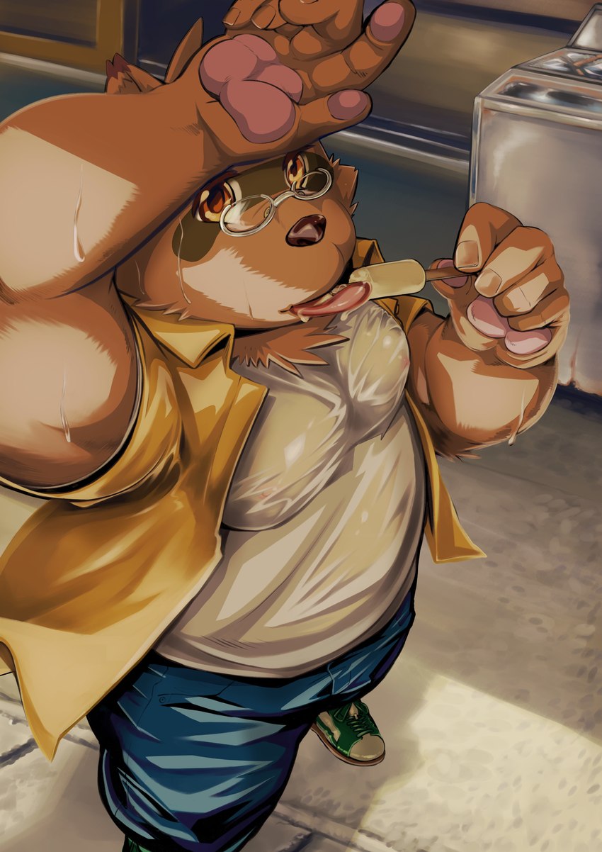 anthro belly big_belly bottomwear brown_body brown_fur clothing detailed_background eyewear food fur glasses humanoid_hands kemono male moobs overweight overweight_male pants popsicle shirt solo topwear mesidukainumaru morenatsu kounosuke_(morenatsu) canid canine mammal raccoon_dog tanuki 2024 absurd_res hi_res