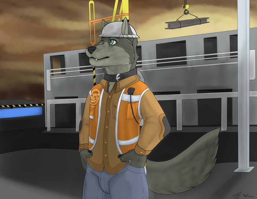 anthro clothed clothing construction detailed_background dracoloup_co green_eyes hsd male modern science_fiction solo wolfywetfurr_(artist) hc_svnt_dracones grayhypolf canid canine canis mammal wolf hi_res