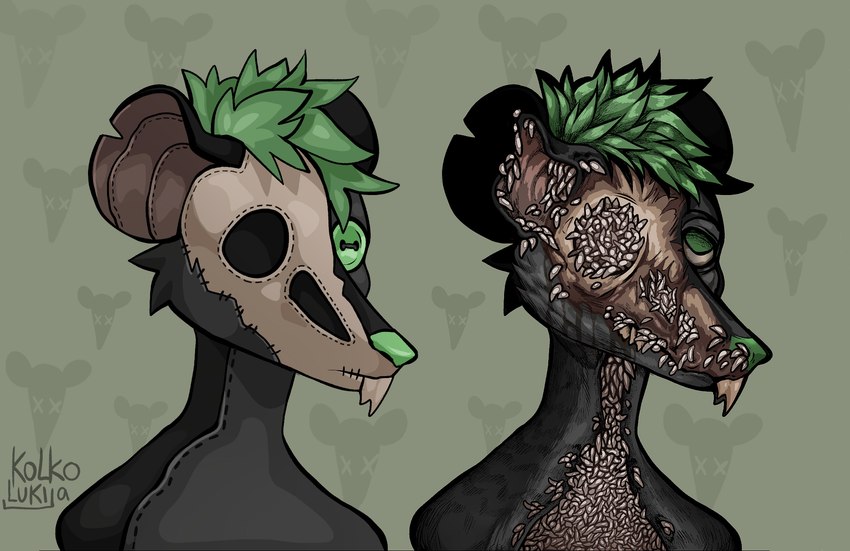 anthro bone clothing corpse costume dead_eyes death decay decomposition flesh food fur gore green_hair grey_body grey_fur hair larva male meat plushie rot solo suit toy trapped kolkolukija arthropod insect maggot mammal murid murine rat rodent worm hi_res