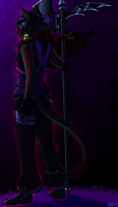 abstract_background axe bandage black_body black_fur black_nose bottomwear chain cloak clothing female fur hair halberd markings melee_weapon negative_energy_(legacy) pants polearm purple_body purple_fur purple_hair purple_markings red_body red_eyes red_fur red_markings simple_background solo standing topwear vest weapon conditional_dnp ratte legacy_(ratte) yagarai corruption_(species) felid mammal onene 2013 4:7 digital_media_(artwork) hi_res