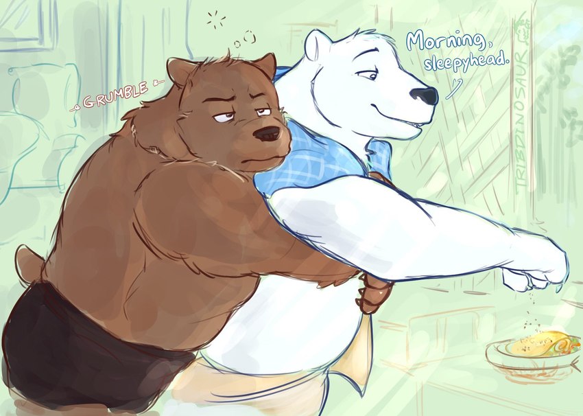 anthro black_nose brown_body clothing cooking dialogue duo hug hugging_another hugging_from_behind male male/male overweight overweight_male text tired underwear white_body tribdinosaur shirokuma_cafe grizzly_(shirokuma_cafe) shirokuma bear mammal polar_bear ursine 2023 english_text hi_res