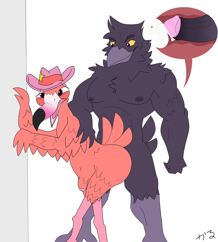 anthro duo male male/male karurvn epic_games fortnite karu tex_flamingo_(fortnite) avian bird corvid corvus_(genus) crow flamingo oscine passerine raven absurd_res hi_res