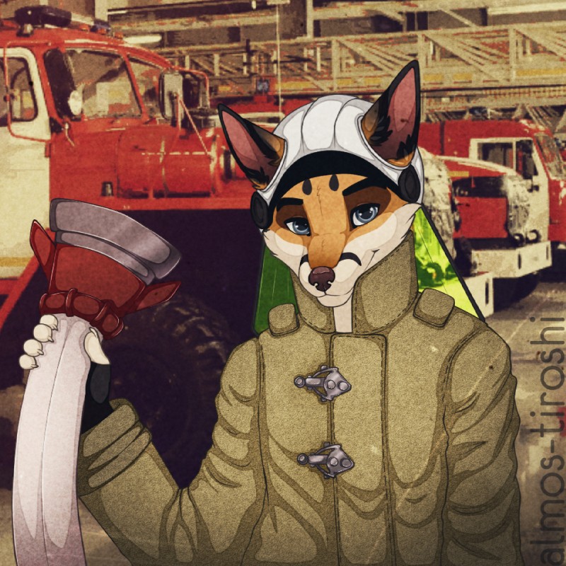 anthro clothed clothing fire_engine furgonomics hat headgear headwear hose inside looking_at_viewer male solo standing truck_(vehicle) vehicle almos-tiroshi canid canine fox mammal 1:1