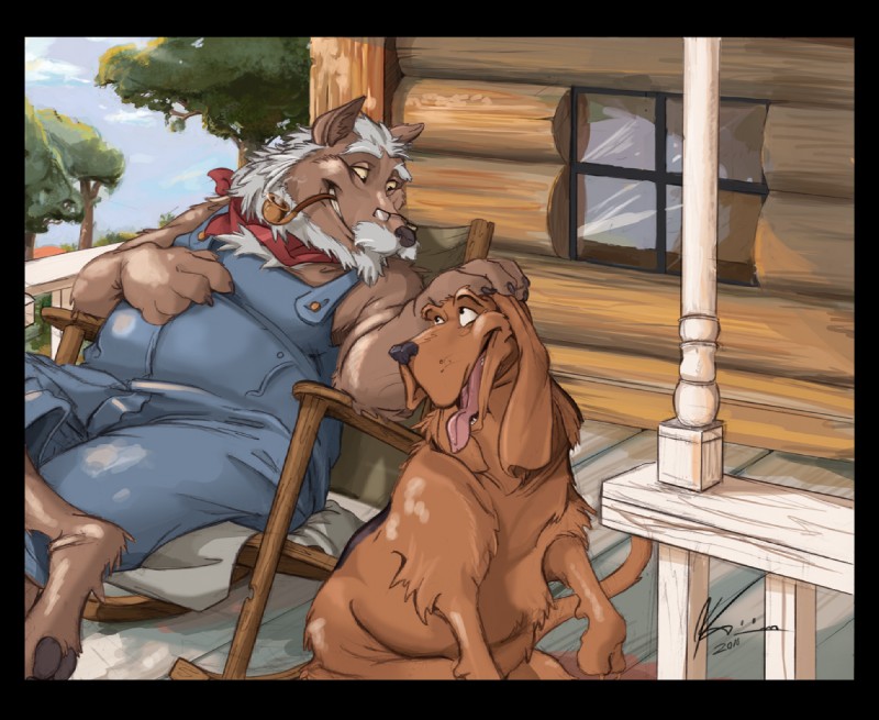 anthro black_border border domestic_pet duo eyewear feral furries_with_pets glasses happy male patting pipe sitting smile smoke smoking smoking_pipe tail bloodshot23 brophey sutter_(karwood) canid canine canis domestic_dog mammal