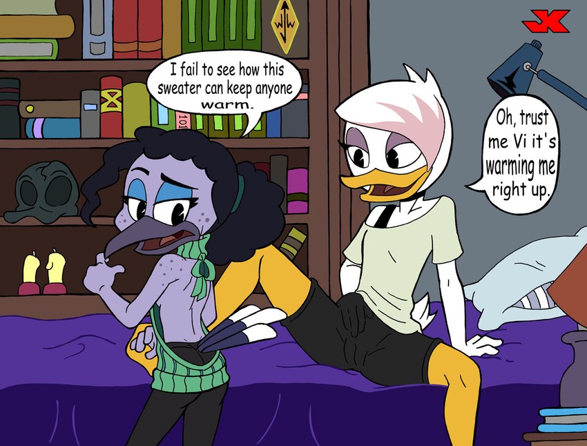 anthro bed book bookshelf candle clothing duo female female/female freckles furniture pillow sweater text topwear virgin_killer_sweater young jk disney ducktales ducktales_(2017) meme_clothing lena_(ducktales) violet_sabrewing anatid anseriform apodiform avian bird duck hummingbird english_text meme