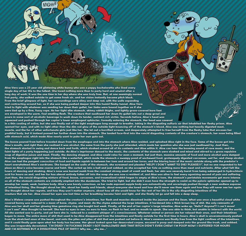 anthro anthro_on_anthro anthro_pred anthro_prey barefoot bone death digested digestion digestion_sequence disposal feces feet female female_pred female_prey forced greeting guts intestinal_bulge intestines organs profanity text unwilling_prey vore doweljump deborah_butters canid canine canis domestic_dog ghost lagomorph leporid mammal poodle rabbit spirit debbie_(disambiguation) absurd_res english_text hi_res