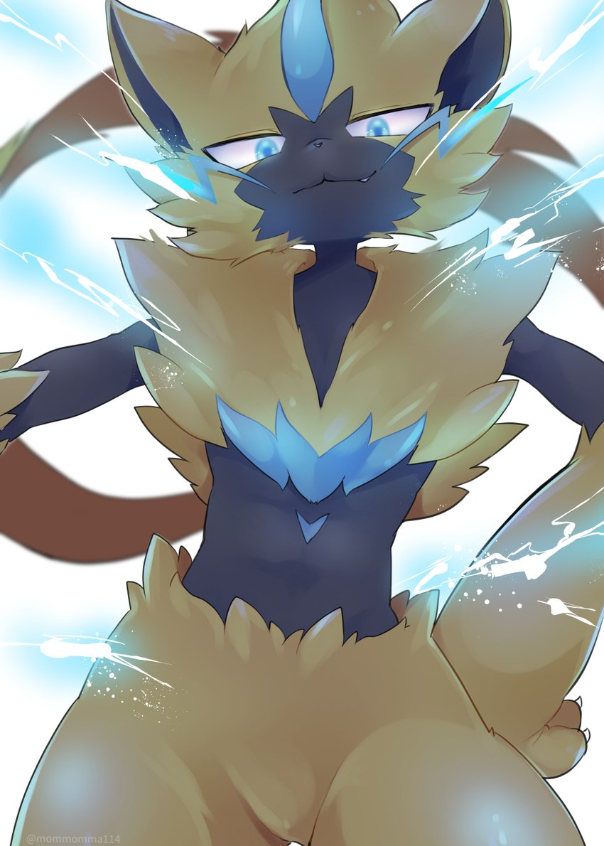 ambiguous_gender anthro black_body black_fur black_nose blue_body blue_eyes blue_fur blue_glow blurred_background cheek_tuft chest_tuft claws cloud electricity facial_tuft fangs featureless_crotch finger_claws fur hand_on_hip looking_at_viewer low-angle_view multicolored_body multicolored_fur simple_background sky solo teeth tuft yellow_body yellow_fur mommomma114 nintendo pokemon felid feline generation_7_pokemon legendary_pokemon mammal pokemon_(species) zeraora digital_media_(artwork) hi_res shaded