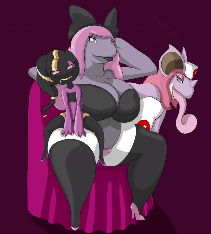 accessory anthro anthrofied big_breasts bow_(feature) bow_accessory bow_ribbon breasts centered_hair_bow clothing female flat_chested footwear grey_clothing grey_legwear group hair hair_accessory hair_bow hair_ribbon high_heels legwear long_tongue navel overweight pink_clothing pink_footwear pink_hair pokemorph purple_body purple_clothing purple_footwear red_cross ribbons shoes short smile socks thick_thighs thigh_highs thigh_socks tongue tongue_out mcnasty nintendo pokemon tanya_(mcnasty) generation_1_pokemon generation_6_pokemon mega_banette mega_evolution muk nidoqueen pokemon_(species) 2014 absurd_res digital_media_(artwork) hi_res