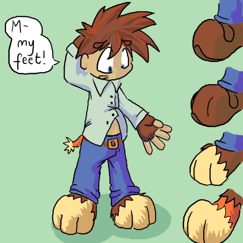 belt blue_eyes bottomwear brown_hair clothed clothing collared_shirt denim denim_bottomwear denim_clothing dialogue dress_shirt footwear fully_clothed fur green_background growth hair hand_behind_head jeans looking_down_at_self male open_clothing open_shirt open_topwear orange_body orange_fur pants paw_growth shirt shoe_burst shoes simple_background solo species_transformation speech_bubble standing tail tail_growth text topwear torn_clothing transformation transformation_sequence yellow_body yellow_fur blueballs human humanoid mammal 1:1 2008 colored english_text