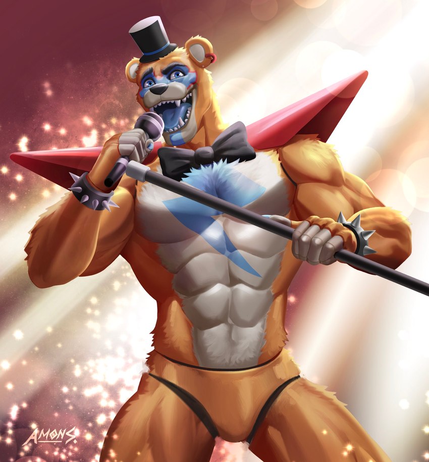 5_fingers abs anthro biped blue_tongue clothing electronics fingers fur hat headgear headwear humanoid_hands machine male microphone microphone_stand mostly_nude muscular muscular_anthro muscular_male muscular_thighs necktie open_mouth pecs solo tongue top_hat amon-sydonai five_nights_at_freddy's five_nights_at_freddy's:_security_breach scottgames steel_wool_studios glamrock_freddy animatronic bear mammal robot 2021 colored digital_media_(artwork) hi_res signature