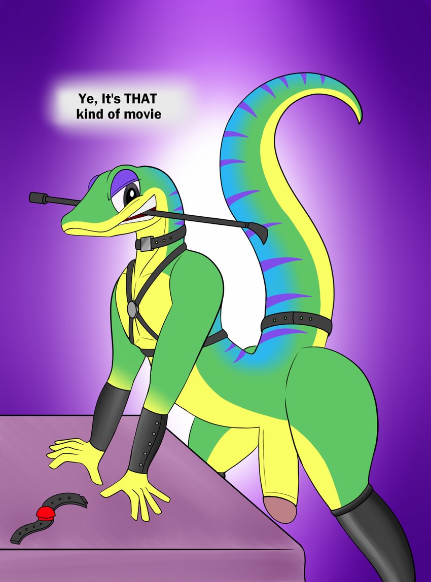 anthro armwear ball_gag belt bondage_gear clothing collar dialogue gag genitals gradient_background humanoid_genitalia humanoid_penis looking_at_viewer male penis raised_tail simple_background solo stripes tail text whip rorrek gex_(series) gex_the_gecko gecko lizard reptile scalie english_text hi_res