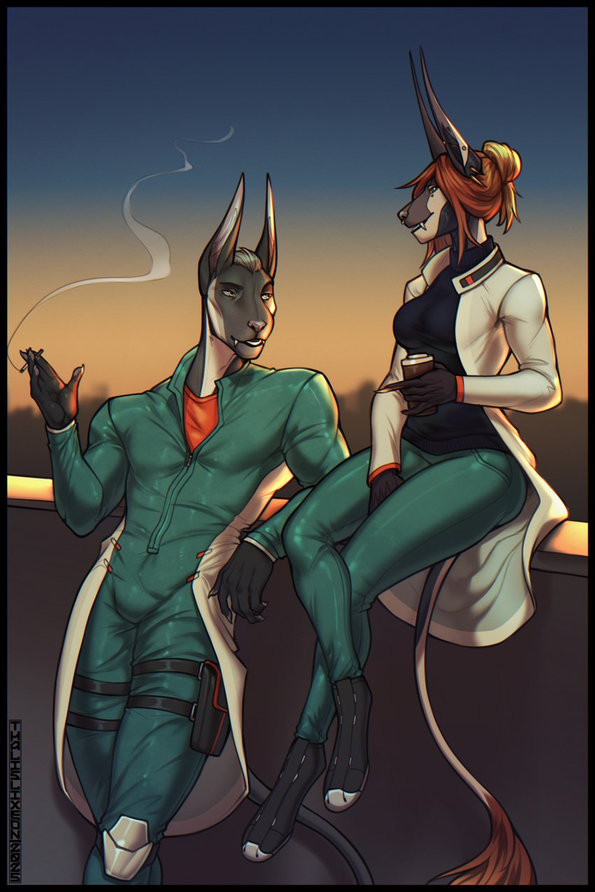 anthro arm_support beverage cigarette cigarette_in_hand cigarette_smoke clothing coat coffee coffee_cup container crossed_legs cup dialogue duo ear_piercing ear_ring facial_piercing fangs female jumpsuit leaning leaning_backward leaning_on_elbow leaning_sideways long_ears male nose_piercing piercing pose ring_piercing septum_piercing sitting slice_of_life smile smoke talking_to_another teeth topwear thalislixeon zora_kozma acrador canid canine hybrid mammal synth-crador hi_res pinup