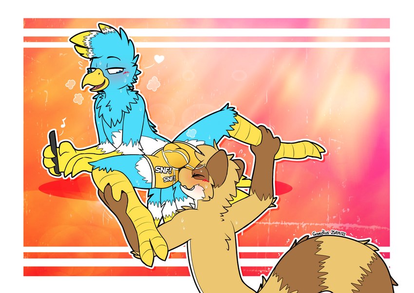 arousal_focus aroused aroused_by_another beak blue_body blue_feathers blush bodily_fluids brown_body brown_fur bulge butt_sniffing cellphone clothing crotch_sniffing electronics eyes_closed feathers fur half-closed_eyes heart_symbol hot_weather leg_grab markings multicolored_body multicolored_feathers multicolored_fur musical_note musical_symbol musk narrowed_eyes nude open_mouth open_smile phone sitting smile sniffing sniffing_clothes spread_legs spreading striped_markings striped_tail stripes summer sweat symbol tail tail_markings tan_body tan_fur two_tone_body two_tone_feathers two_tone_fur underwear underwear_sniffing white_body white_feathers graedius_(artist) graedius_(character) taylor_vee avian mammal procyonid raccoon 2022