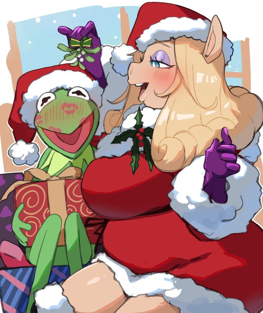 anthro biped blush breasts butt clothed clothing detailed_background dress duo female front_view inside male open_mouth pupils side_view thick_thighs lightsource muppets kermit_the_frog miss_piggy amphibian domestic_pig frog mammal suid suine sus_(pig) absurd_res hi_res