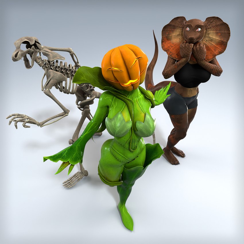 5_fingers 5_toes ambiguous_gender anthro bone bottomwear breasts clothed clothed_anthro clothed_female clothing feet female fingers for_a_head green_body green_scales group humanoid_feet humanoid_hands plant plantigrade pumpkin_head scales shirt shorts skeleton tail tank_top toes topwear trio petruz petruz_(modeler) agamid animated_skeleton elemental_creature elemental_humanoid flora_fauna frilled_lizard humanoid lizard object_head plant_humanoid reptile scalie undead 1:1 2024 3d_(artwork) blender_(artwork) digital_media_(artwork) hi_res