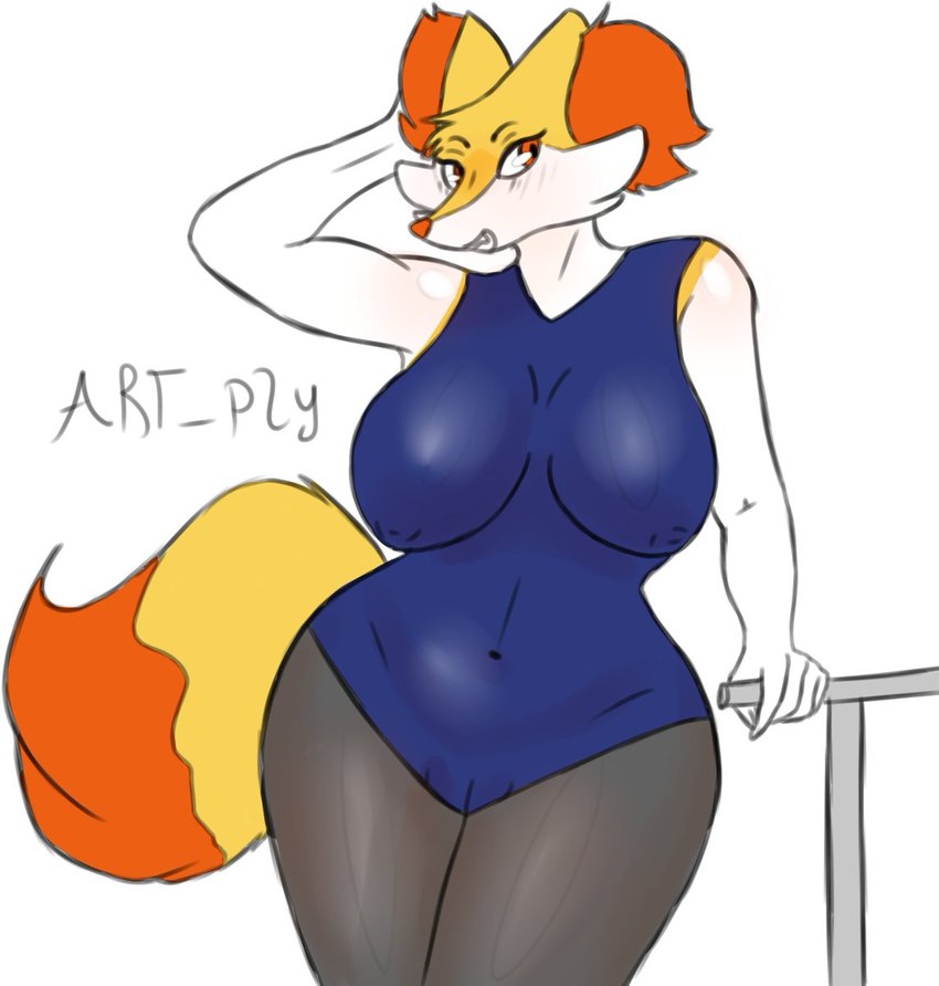 anthro big_breasts breasts clothing female navel navel_outline nipples one-piece_swimsuit orange_eyes smile solo swimwear tight_clothing wide_hips artply nintendo pokemon braixen generation_6_pokemon pokemon_(species) hi_res