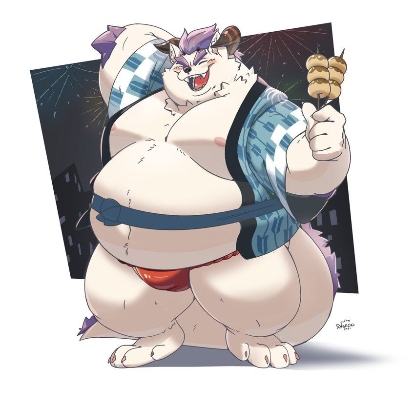 anthro asian_clothing belly blush clothing east_asian_clothing food fundoshi fur hair happi_(clothing) horn japanese_clothing male moobs nipples overweight overweight_anthro overweight_male purple_hair red_clothing red_fundoshi red_underwear skewer solo underwear white_body white_fur riisago lifewonders tokyo_afterschool_summoners behemoth_(tas) monster hi_res