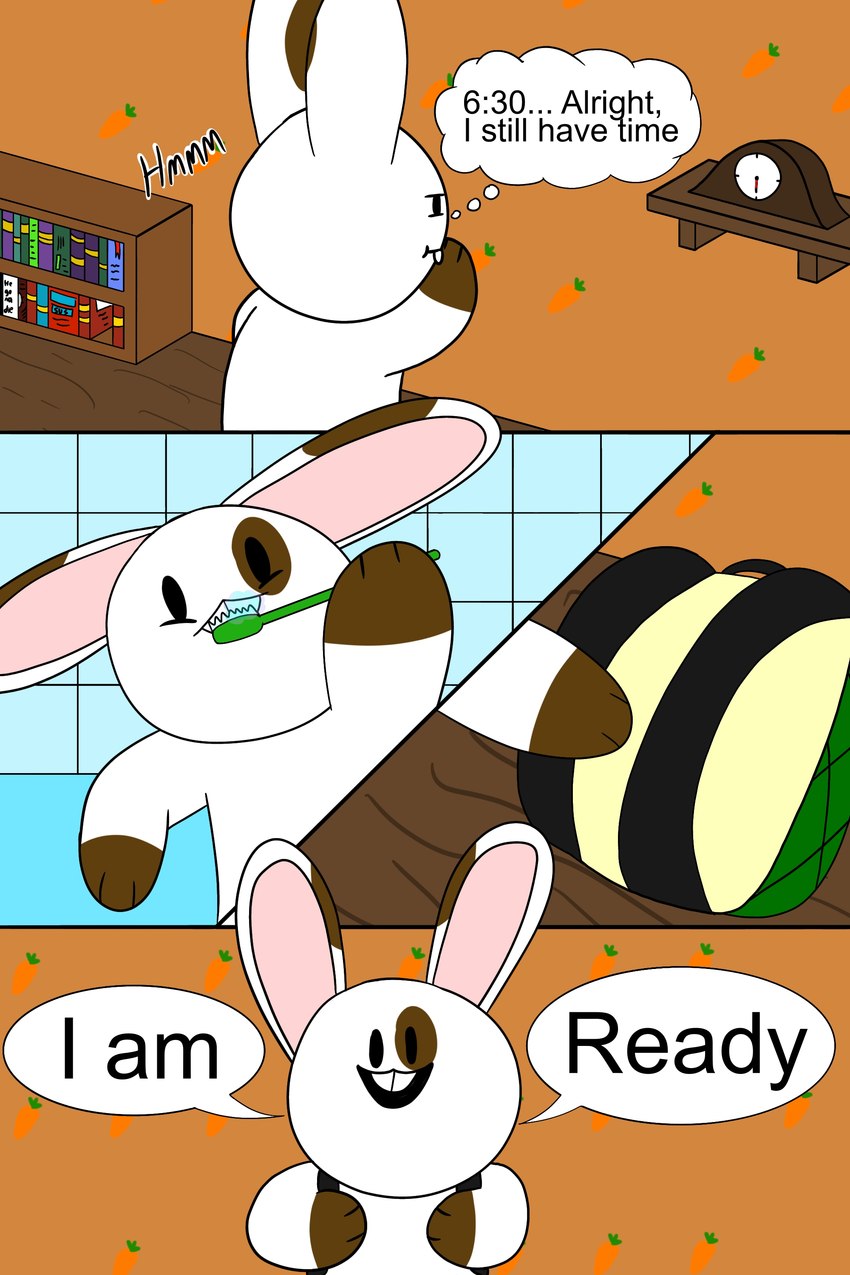 anthro backpack book brown_body brown_fur brush brushing brushing_teeth dialogue fur long_ears male solo speech_bubble teeth text toothbrush white_body white_fur chefrens sqwishi_(chefrens) lagomorph leporid mammal rabbit 2:3 absurd_res comic english_text hi_res