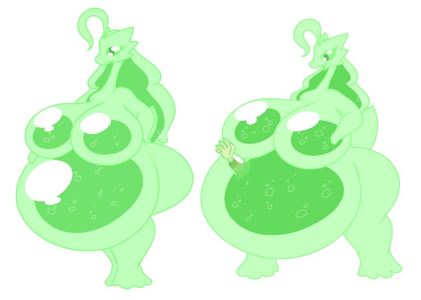 abdominal_bulge ambiguous_gender ambiguous_prey anthro anthro_pred belly big_belly big_breasts big_butt breasts bubble butt endosoma female female_pred green_body huge_butt imprint safe_vore slightly_chubby slightly_chubby_female slime squirming stretchy struggling struggling_prey thick_thighs vore wide_hips erauue nintendo pokemon roxy_(zdog909) blaziken generation_3_pokemon goo_creature human mammal pokemon_(species) 2023 hi_res