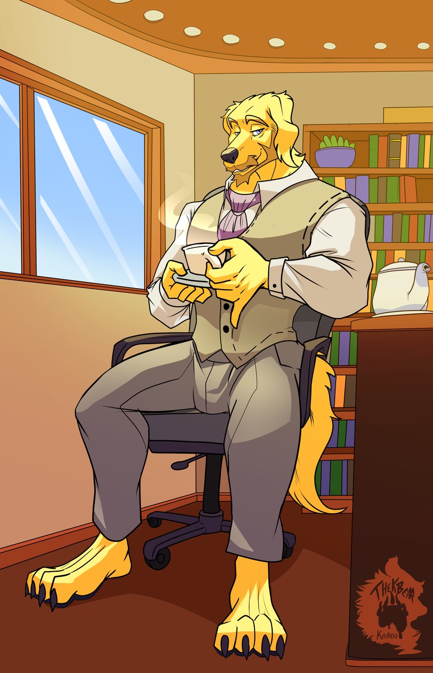 anthro barefoot beard beverage blue_eyes book bookshelf bottomwear ceiling chair clothed clothing container cup desk dress_shirt facial_hair feet floppy_ears fully_clothed fur furniture gesture grey_bottomwear grey_clothing grey_pants half-closed_eyes holding_container holding_cup holding_object holding_tea_cup inside logo looking_at_viewer male male_anthro narrowed_eyes neckwear office_chair on_chair pants pinky_out plant plant_pot potted_plant shirt sitting sitting_on_chair smile smiling_at_viewer solo steam swivel_chair table tea tea_cup teapot topwear vest window yellow_body yellow_fur thekinkybear bird_dog canid canine canis domestic_dog golden_retriever hunting_dog mammal retriever absurd_res artist_logo hi_res