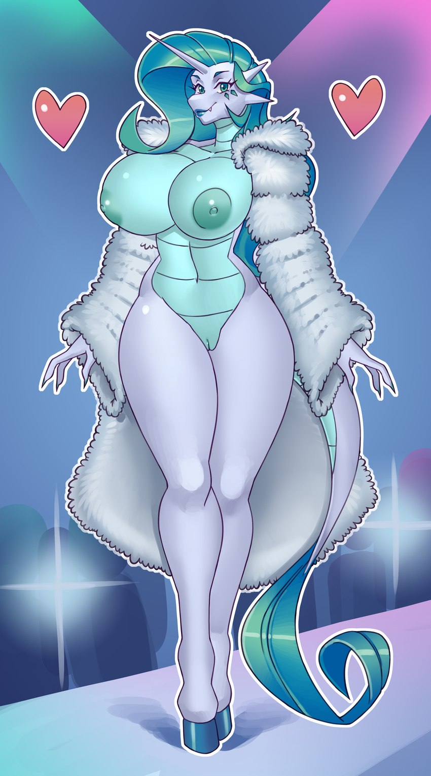 anthro areola breasts clothed clothing coat ear_piercing female fur_coat genitals green_eyes heart_symbol hooves horn horn_jewelry horn_ring jewelry legwear looking_at_viewer modelling nipples piercing pussy ring_(jewelry) runway_model stockings tail tail_tuft topwear tuft turquoise_scales white_body hybris hasbro my_little_pony mythology fan_character saphira_(oc) dracony dragon equid equine mammal mythological_creature mythological_equine mythological_scalie scalie unicorn absurd_res hi_res