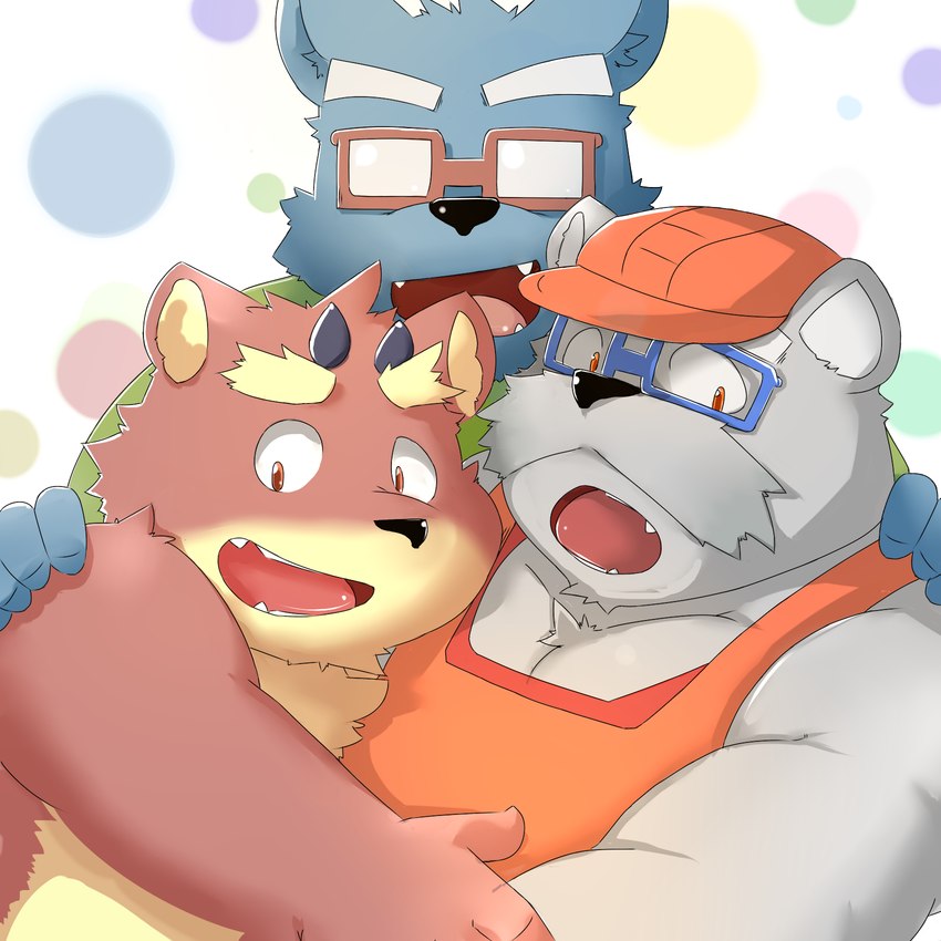 anthro arm_around_shoulders blue_body clothing eyewear facial_hair glasses grey_body group hand_on_shoulder hat headgear headwear hug kemono male mature_male mustache overweight overweight_male shirt topwear bunta_(sisiwaka_3) incubus! ink_incuberia bear mammal 1:1 2015 hi_res