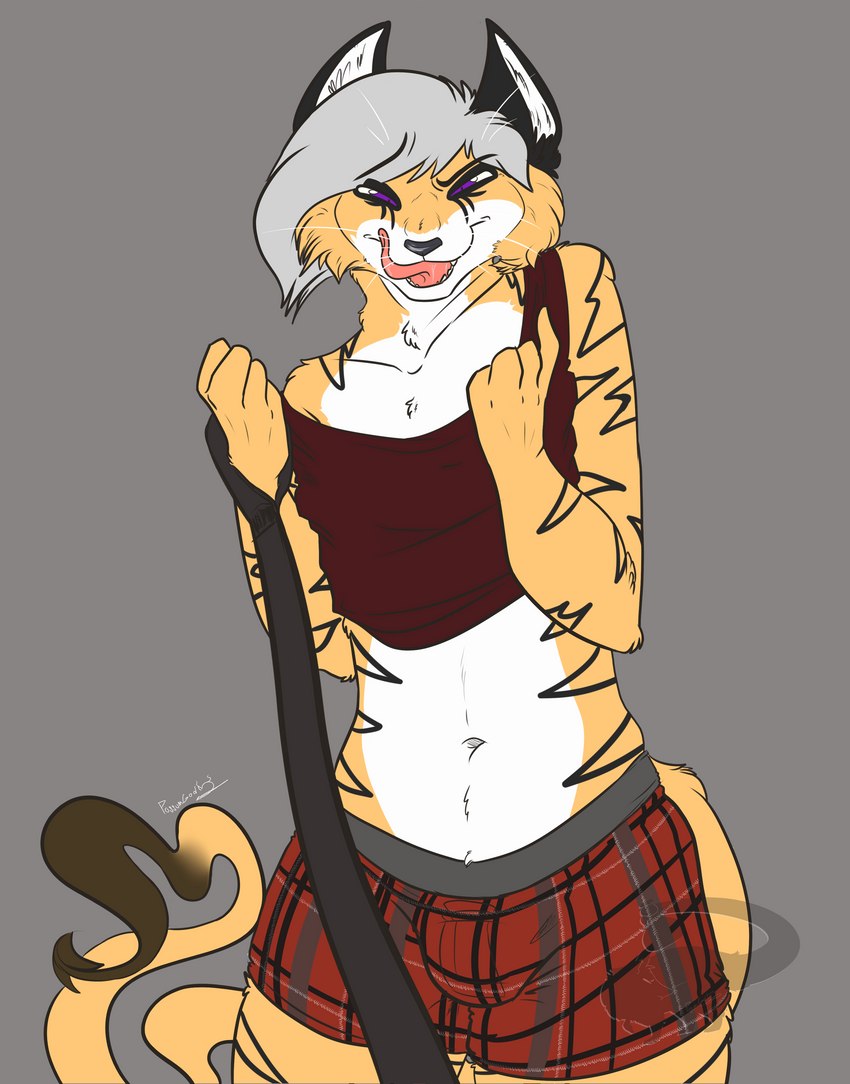 anthro beckoning boxers_(clothing) clothed clothing gesture grey_background grey_hair hair imp_tail leash leash_pull licking licking_lips male simple_background solo tongue tongue_out underwear possumgod wick_(scruffyyote93) felid feline mammal absurd_res digital_media_(artwork) hi_res