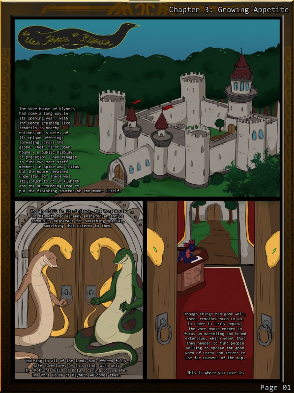 ambiguous_gender anthro castle doors forest group nude plant text tree foxra the_vore_house_of_klyneth leera yetzer reptile scalie snake comic digital_media_(artwork) english_text hi_res