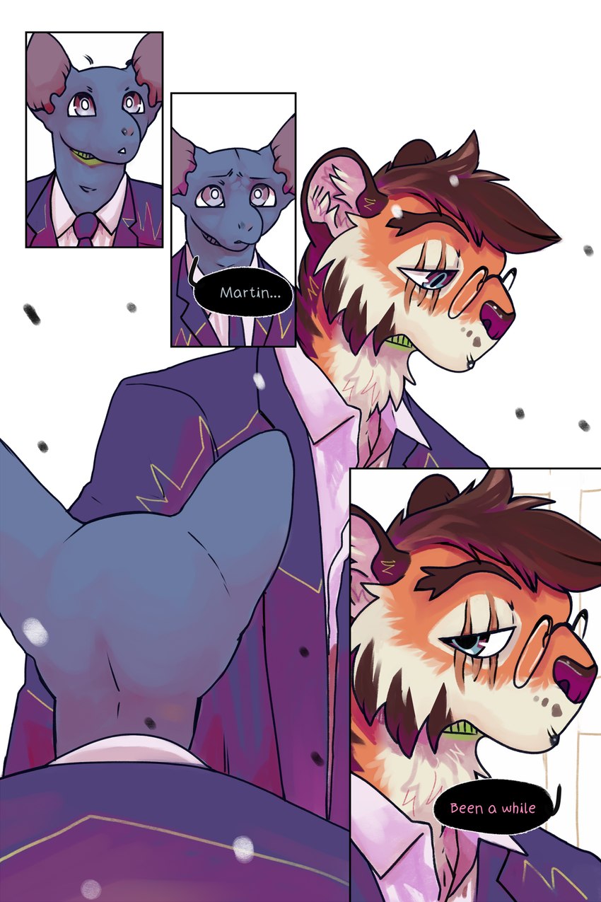 blue_eyes clothing dialogue eye_scar eyewear facial_scar funeral glasses hairless male purple_eyes scar suit text bastriw martin_(bastriw) pato_(bastriw) domestic_cat felid feline felis hairless_cat mammal pantherine sphynx_(cat) tiger 2:3 comic english_text hi_res