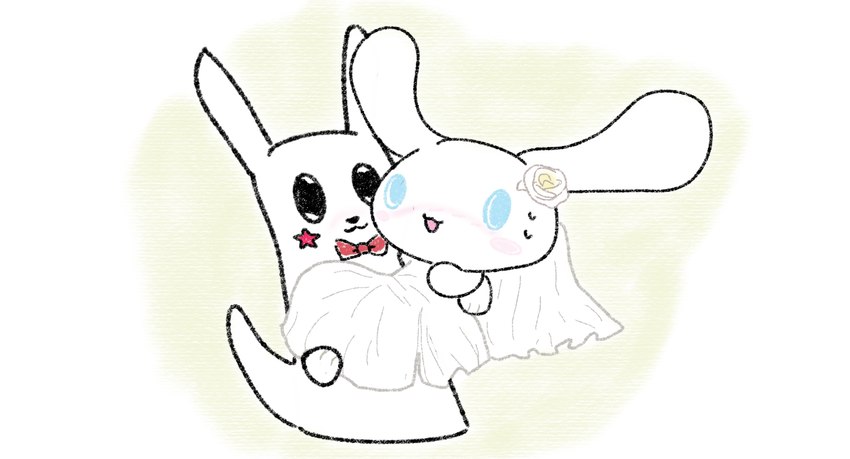 :3 anthro blue_eyes blush bodily_fluids bow_(feature) bow_tie bride clothed clothing crossdressing duo embarrassed female flower fur long_ears male male/female plant rose_(flower) simple_background sweat wedding white_background white_body white_fur wilnor cinnamoroll rain_world sanrio videocult cinnamon_(cinnamoroll) survivor_(rain_world) gastropod mammal mollusk slug hi_res sketch