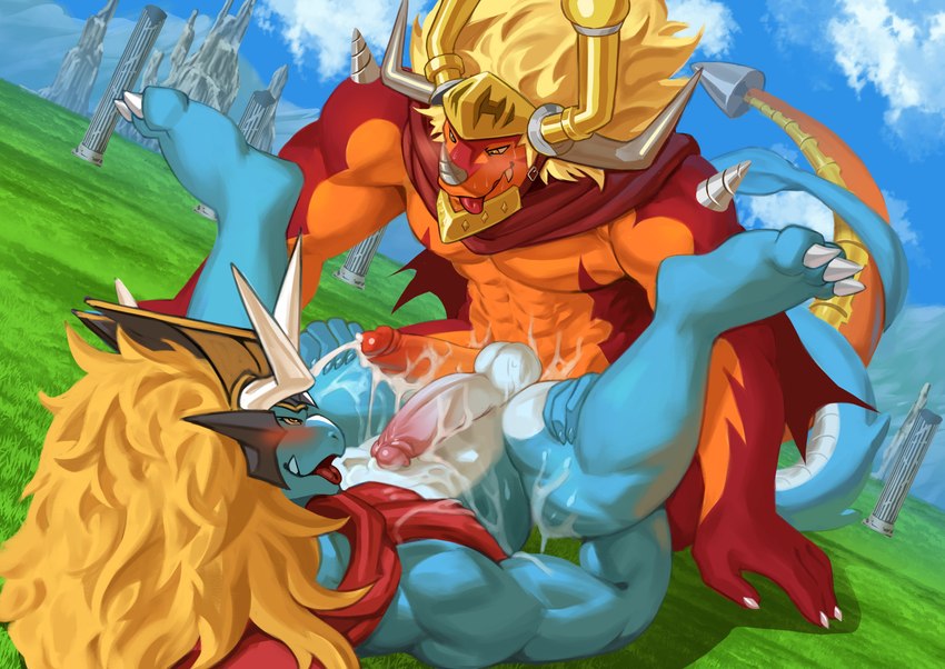 abs anthro balls blonde_hair blue_body blue_skin bodily_fluids cum cum_covered duo genital_fluids genitals hair humanoid_genitalia humanoid_penis male male/male messy muscular muscular_anthro muscular_male non-mammal_balls orange_body orange_skin pecs penis tail pandarita bushiroad future_card_buddyfight mythology drum_bunker_dragon qinus_axia dragon mythological_creature mythological_scalie scalie absurd_res hi_res