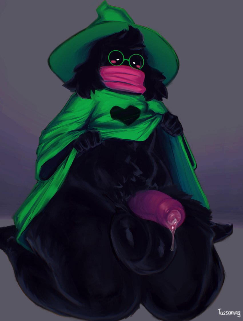 anthro balls big_penis black_body black_fur bodily_fluids clothed clothing erection eyewear foreskin fur genital_fluids genitals glasses headgear headwear humanoid_genitalia male penis scarf simple_background solo thick_thighs tussamag deltarune undertale_(series) ralsei bovid caprine goat mammal absurd_res hi_res