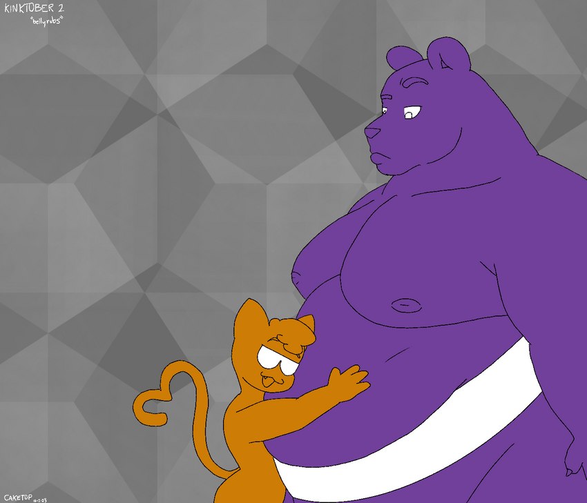 anthro belly belly_rub big_belly duo eyewear hug male obese obese_male overweight overweight_male sumo_wrestler sunglasses cake_top kinktober party_cat_(cake_top) bear felid feline mammal hi_res