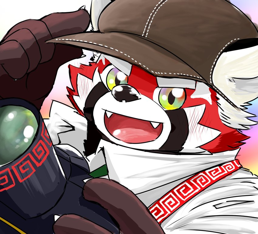 anthro biped black_nose camera clothing cute_fangs fangs fur hat headgear headwear humanoid_hands kemono red_body red_fur shirt simple_background solo teeth topwear kogiinu lifewonders tokyo_afterschool_summoners zhurong_(tas) ailurid mammal red_panda 2021 bust_portrait hi_res portrait